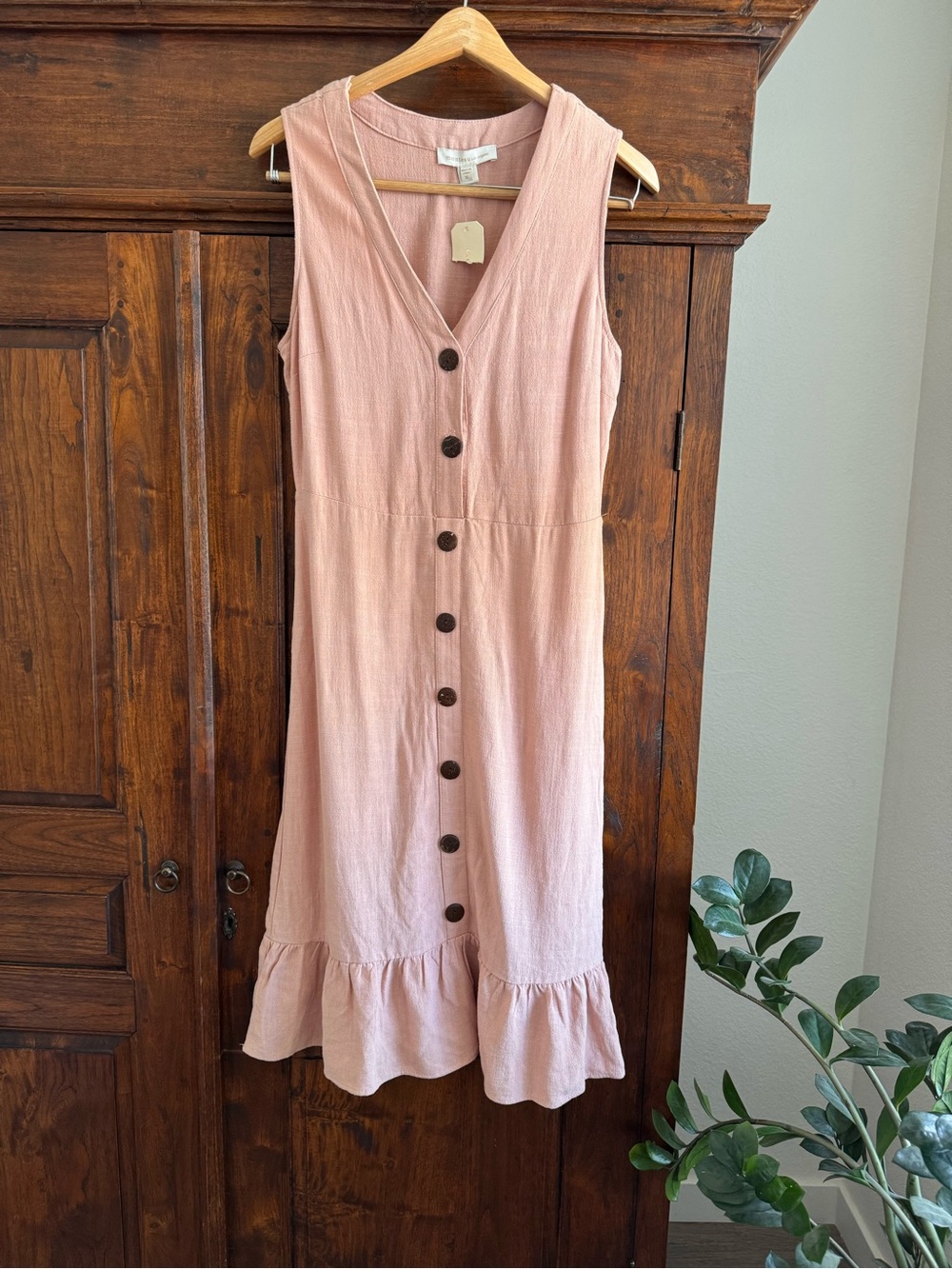 Monteau Los Angeles Dusty Rose Button Front Midi Dress Linen Blend XL